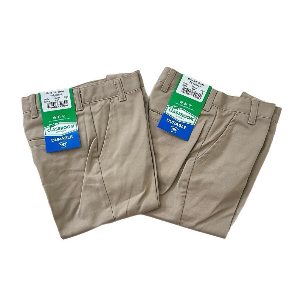 Lot Of 2 Classroom School Uniforms Boys Adj Waist Flat Front Khaki Size 4 NWT